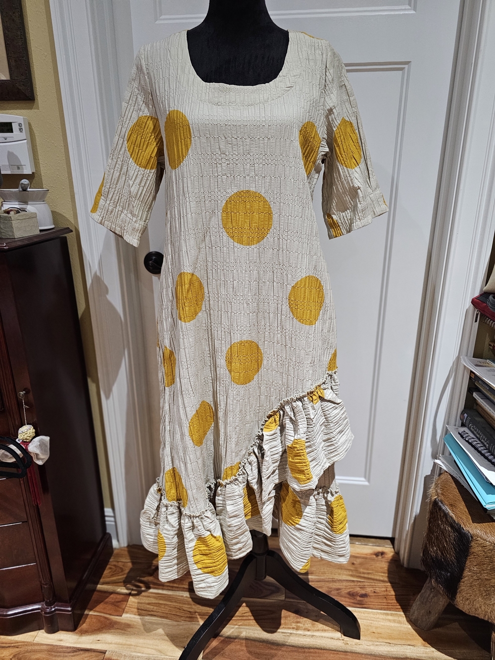 Cream Maxi Dress with Mustard Polka Dots and Ruffle Hem